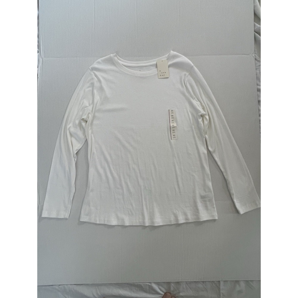 A New Day Women's XXL White Ribbed Long Sleeve Crew Neck Top Stretch Knit NWT